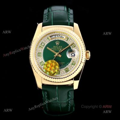 Swiss 2836 Iced Out Rolex Day Date Green Dial 36mm Mens Watches Replica 